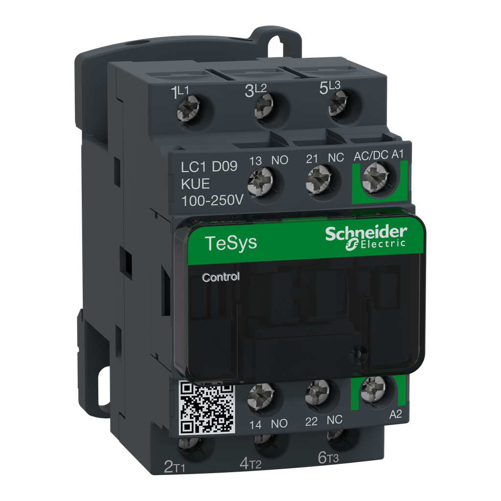 LC1D09KUE – IEC contactor, TeSys Deca Green, nonreversing, 9A, 5HP at 480VAC, up to 100kA SCCR, 3 phase, 3 NO, 100/250VAC/VDC coil, open
