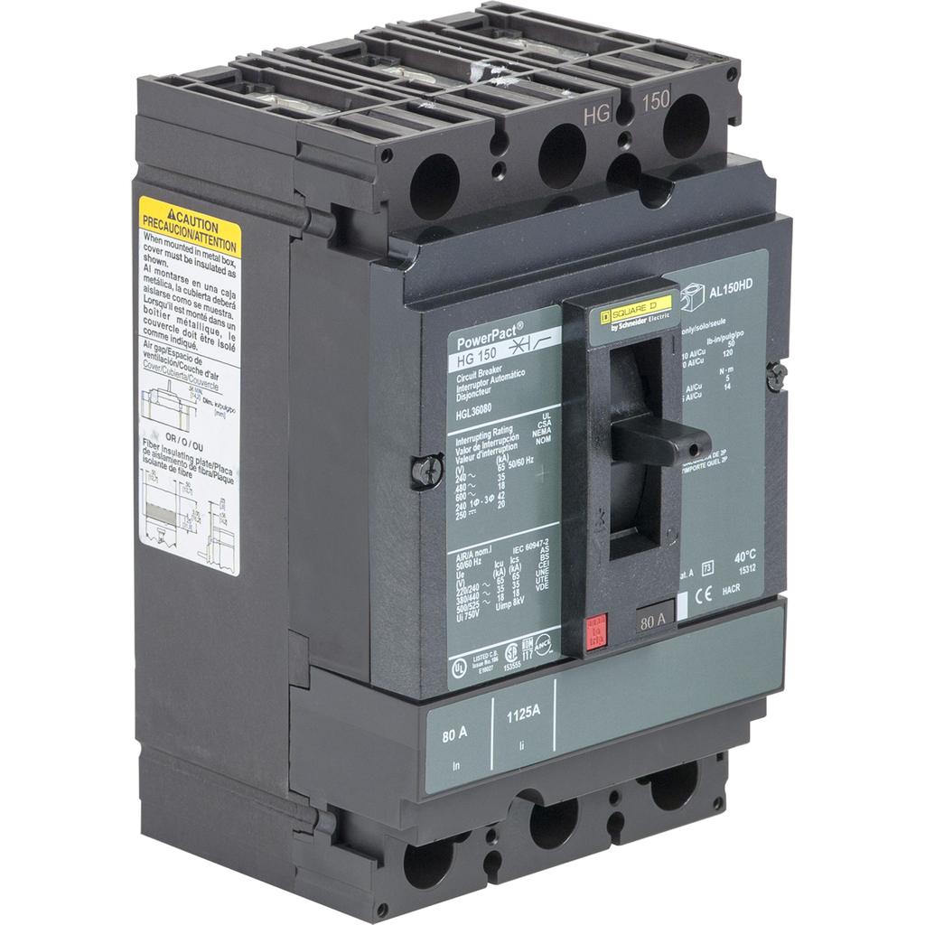 HGL36080C – Circuit breaker, PowerPacT H, 80A, 3 pole, 600VAC, 18kA, lugs, thermal magnetic, 100%