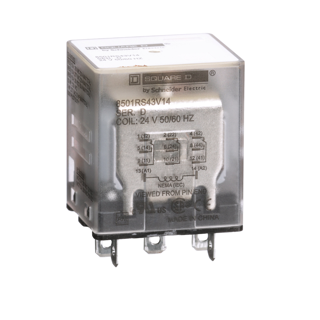 8501RS43V14 – Plug in relay, Type R, miniature, 1 HP at 277 VAC, 15A resistive at 120 VAC, 11 blade, 3PDT, 3 NO, 3 NC, 24 VAC coil