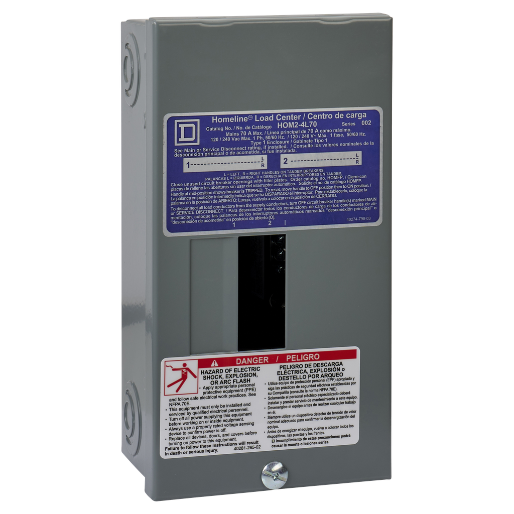 HOM24L70SCP – Load center, Homeline, 1 phase, 2 spaces, 4 circuits, 70A fixed main lugs, NEMA1, surface cover, consumer pack
