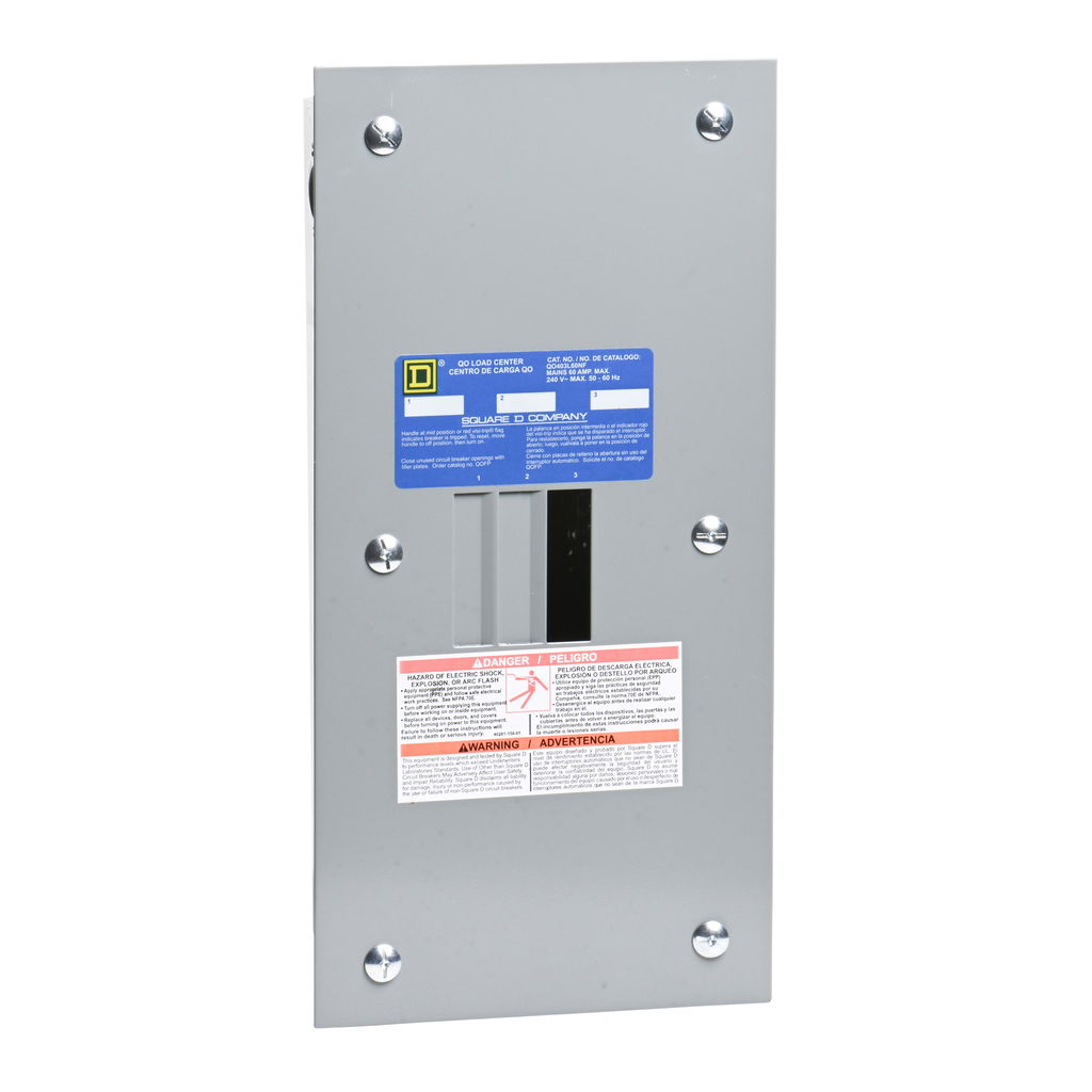 QO403L60NF – Load center, QO, 3 phase, 3 spaces, 3 circuits, 60A main lugs, NEMA1, neutral gnd bar, flush cover