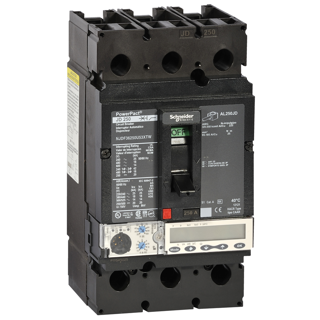 JDF36250U53X – Circuit breaker, PowerPacT J, 250A, 3 pole, 600VAC, 14kA, busbar, Micrologic 5.2E, 80%