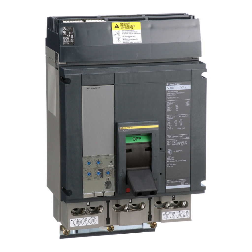 PJA36120U33A – Circuit breaker, PowerPacT P, 1200A, 3 pole, 600VAC, 25kA, I-Line, Micrologic 5.0, 80%, ABC