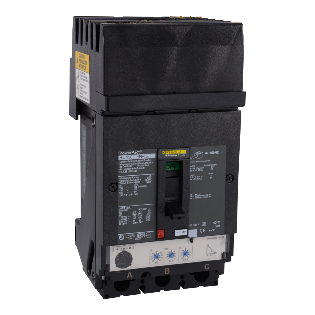 HLA36150U44X – Circuit breaker, PowerPacT H, 150A, 3 pole, 600VAC, 50kA, I-Line, Micrologic 6.2A, 80%, ABC