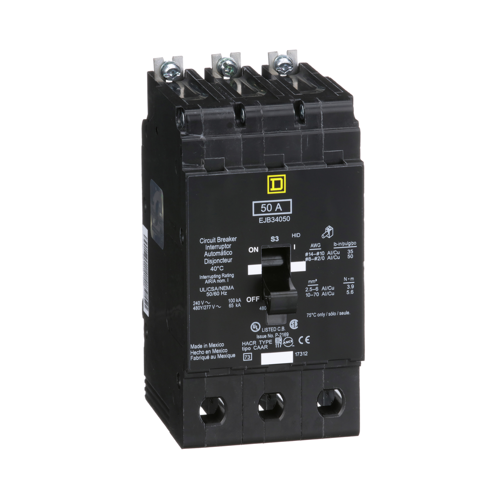 EJB34050 – Mini circuit breaker, E-Frame, 50A, 3 pole, 480Y/277VAC, 100kA max, bolt on