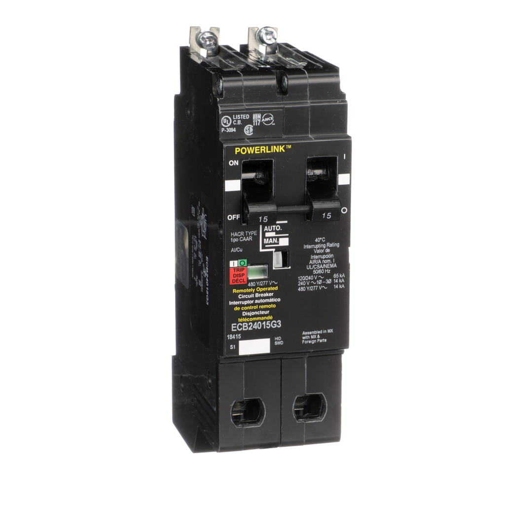 ECB24015G3 – Circuit Breaker, PowerLink™, 15A, 2 pole, 480Y/277VAC, 14kA, remotely operated, bolt on mount