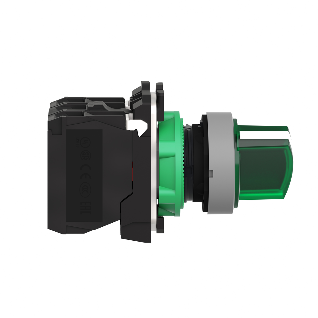 XB5AK123G5C0 – Illuminated selector switch, Harmony XB5, grey bezel, green handle, 22mm, universal LED, 2 positions, 1NO   1NC, 120V AC