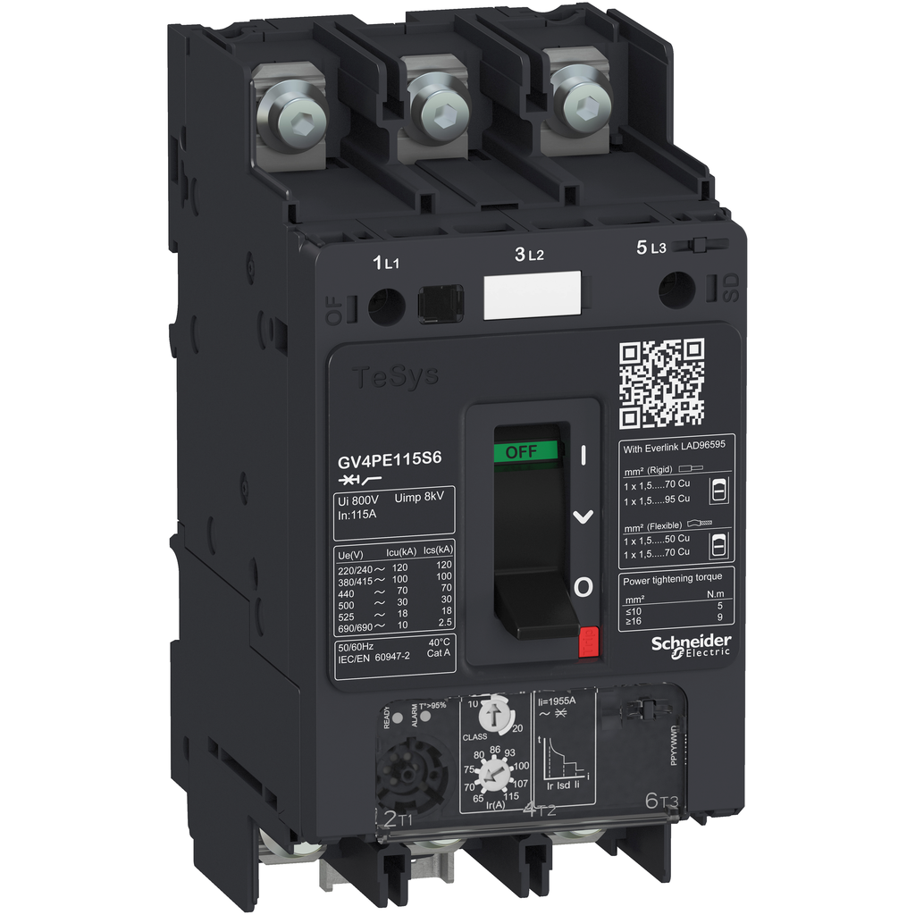 GV4PE80S6 – Motor circuit breaker, TeSys GV4, 3P, 80A, Icu 100kA, thermal magnetic, lugs terminals