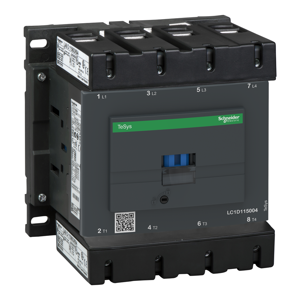 LC1D115004B7 – IEC contactor, TeSys Deca, nonreversing, 200A resistive, 4 pole, 4 NO, 24VAC 50/60Hz coil, open style