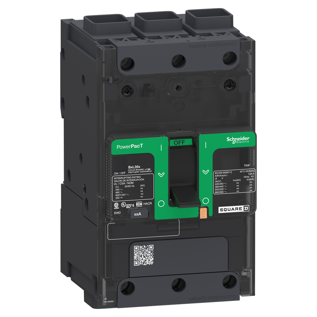 BDF36070 – Circuit breaker, PowerPacT B, 70A, 3 pole, 600Y/347VAC, 14kA, terminal nut, thermal magnetic, 80%