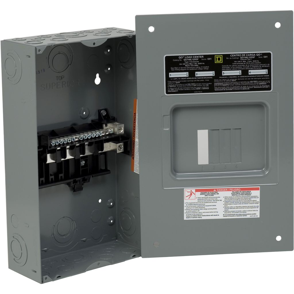 QO148L125GF – Load center, QO, 1 phase, 4 spaces, 8 circuits, 125A fixed main lugs, NEMA1, gnd bar, flush cover
