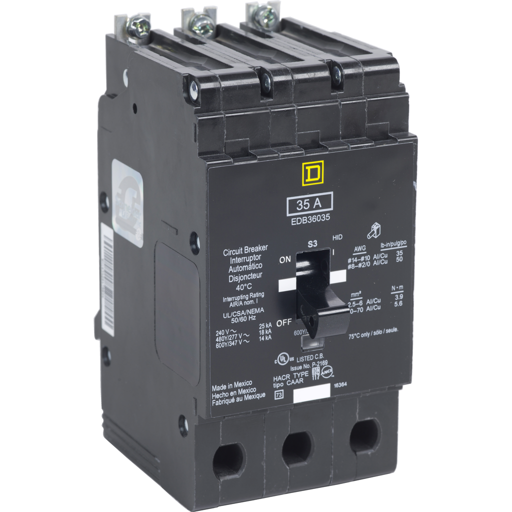 EJB36035 – Mini circuit breaker, E-Frame, 35A, 3 pole, 600Y/347VAC, 100kA max, bolt on