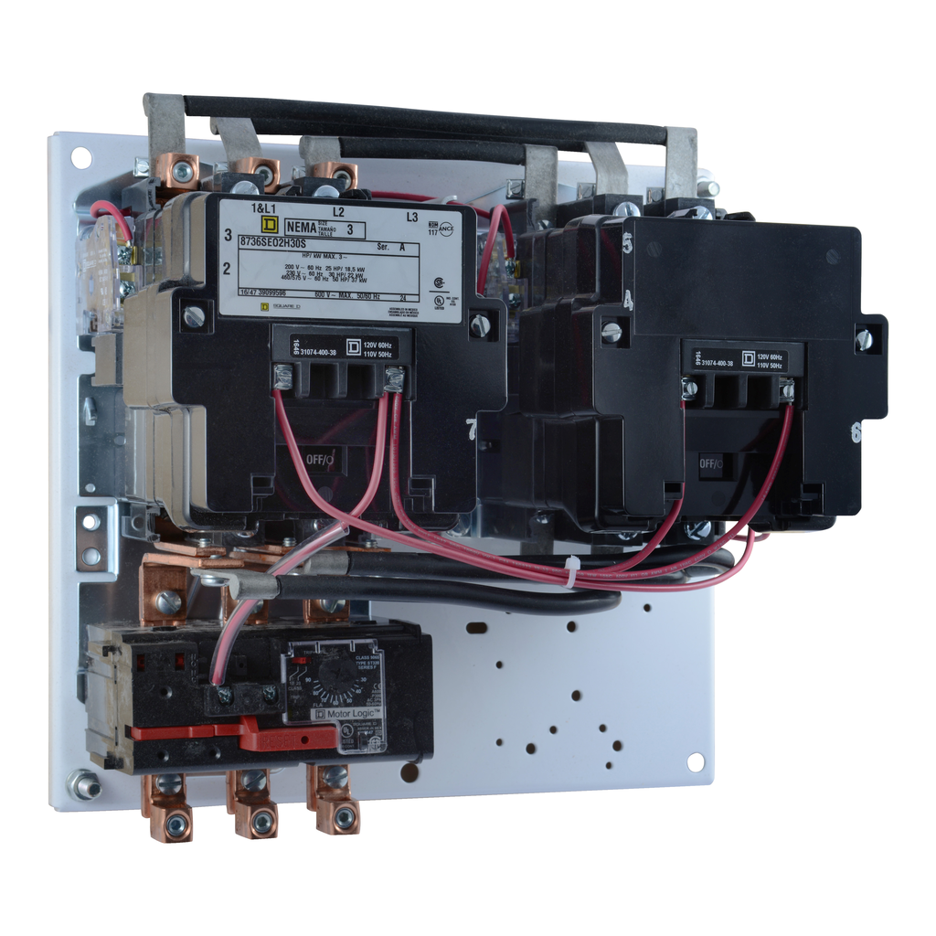 8736SEO2V02H30S – NEMA starter, Type S, reversing, horizontal, Size 3, 90A, 50HP at 575VAC, up to 100kA SCCR, 3 phase, 3 pole, Motor Logic SSOLR, 120VAC coil, open