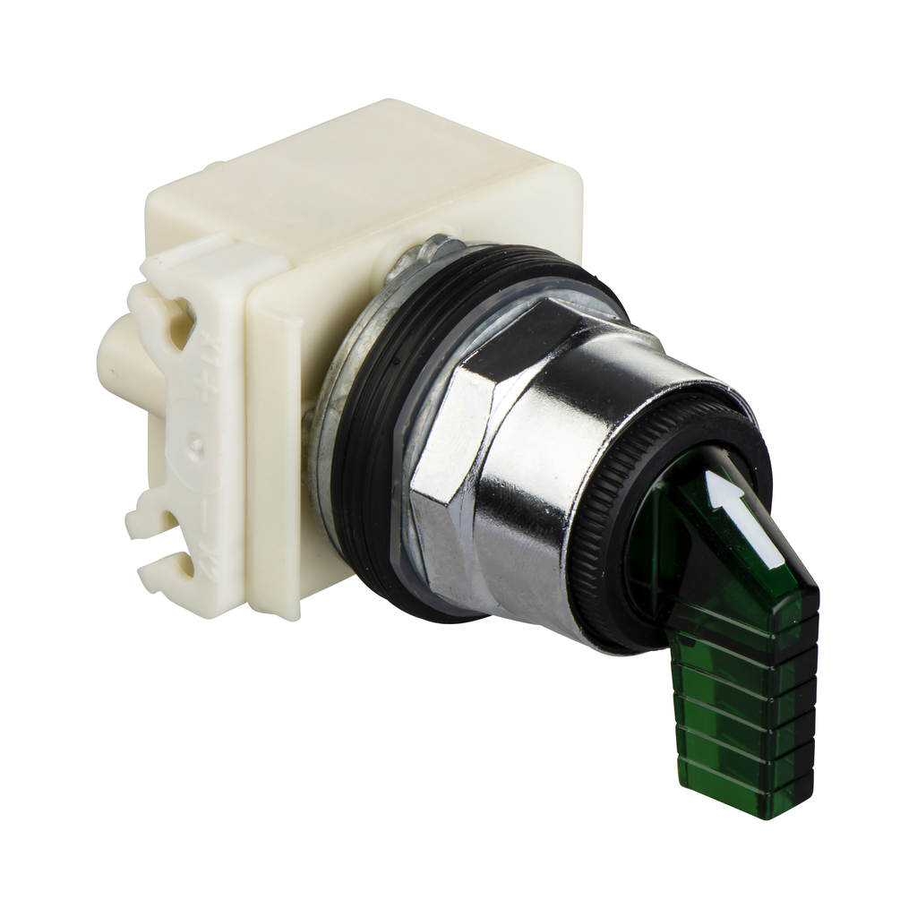 9001K11J35LGFG – Illuminated selector switch head, Harmony 9001K, metal, long handle, green, 30mm, 2 positions, stay put, LED green, 24-28V