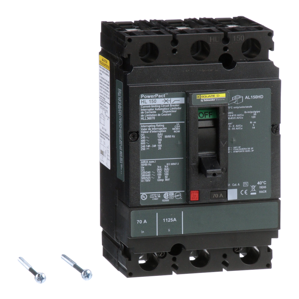 HLL36070 – Circuit breaker, PowerPacT H, 70A, 3 pole, 600VAC, 50kA, lugs, thermal magnetic, 80%