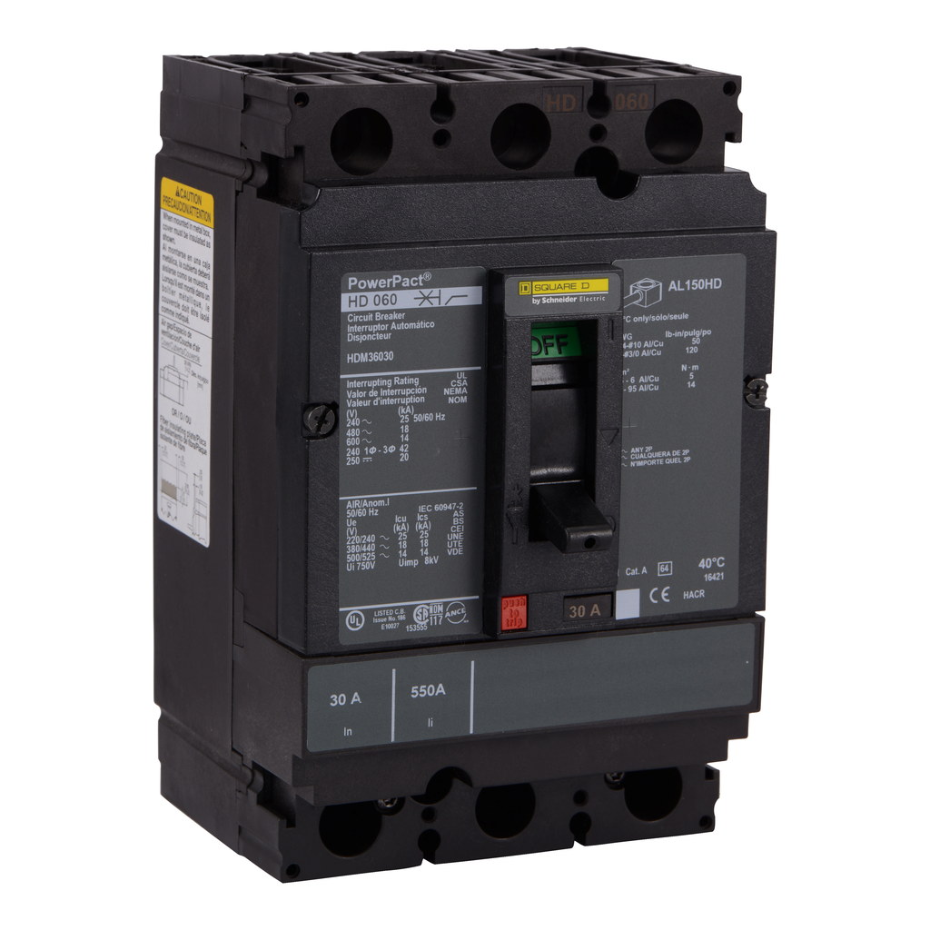 HDM36125 – Circuit breaker, PowerPacT H, 125A, 3 pole, 600VAC, 14kA, lugs, thermal magnetic, 80%