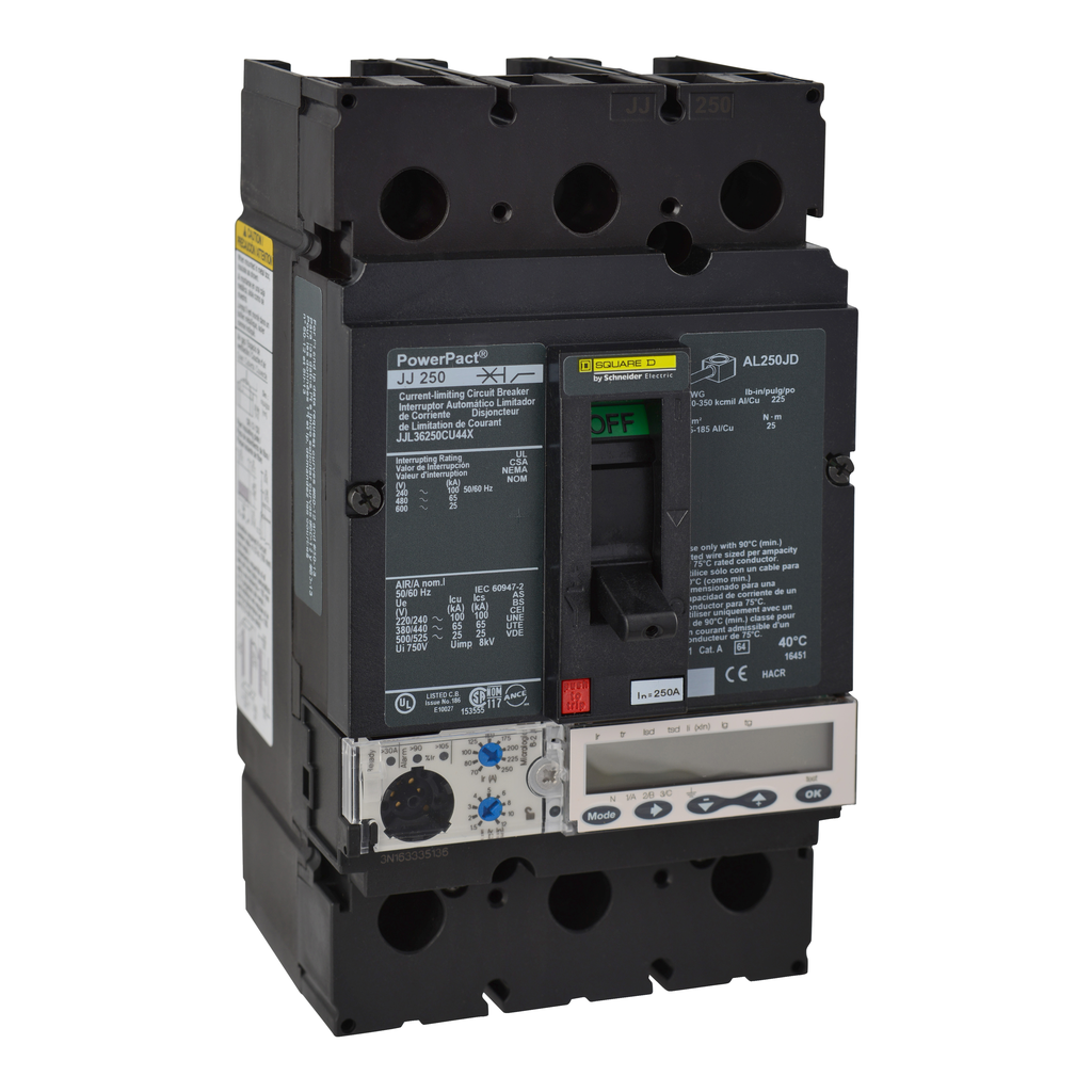 JJL36250CU44X – Circuit breaker, PowerPacT J, 250A, 3 pole, 600VAC, 25kA, lugs, Micrologic 6.2A, 100%