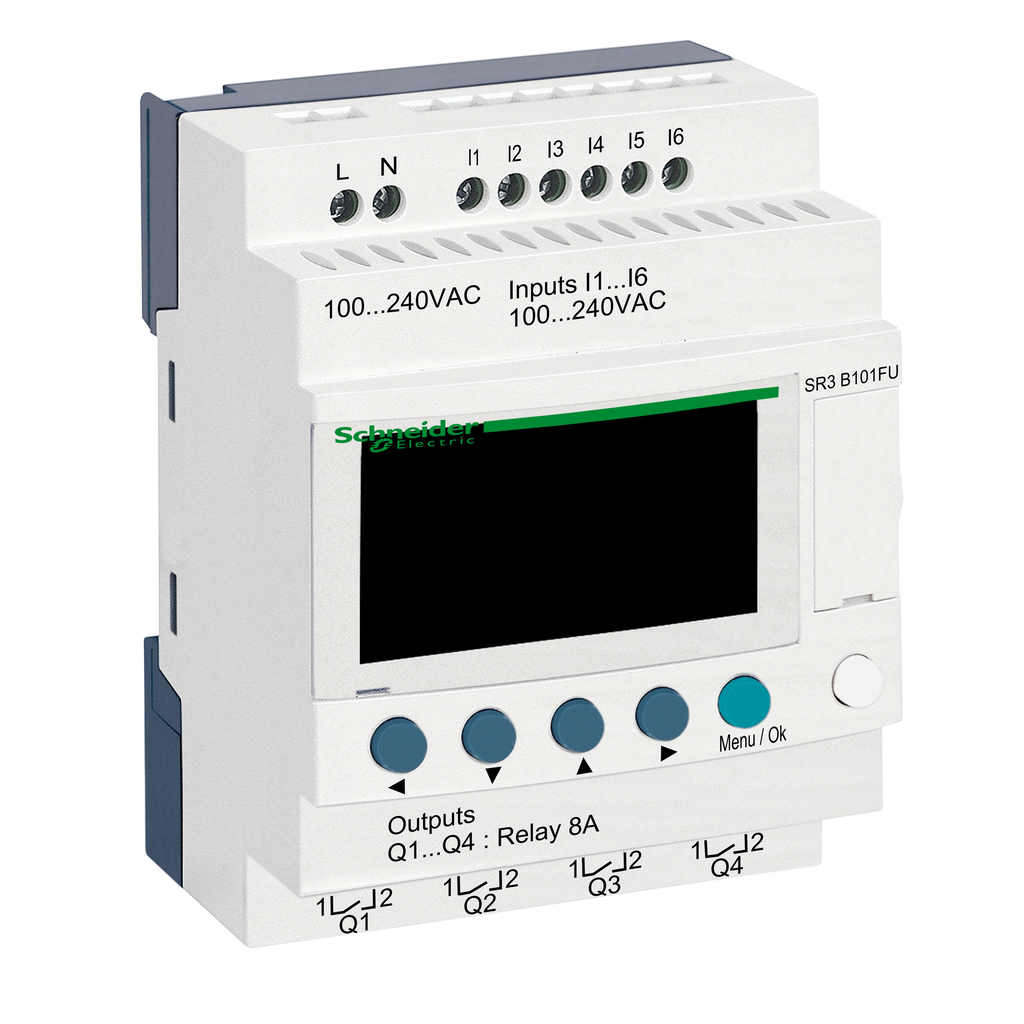 SR3B101FU – modular smart relay, Zelio Logic SR2 SR3, 10 IO, 100 to 240V AC, clock, display
