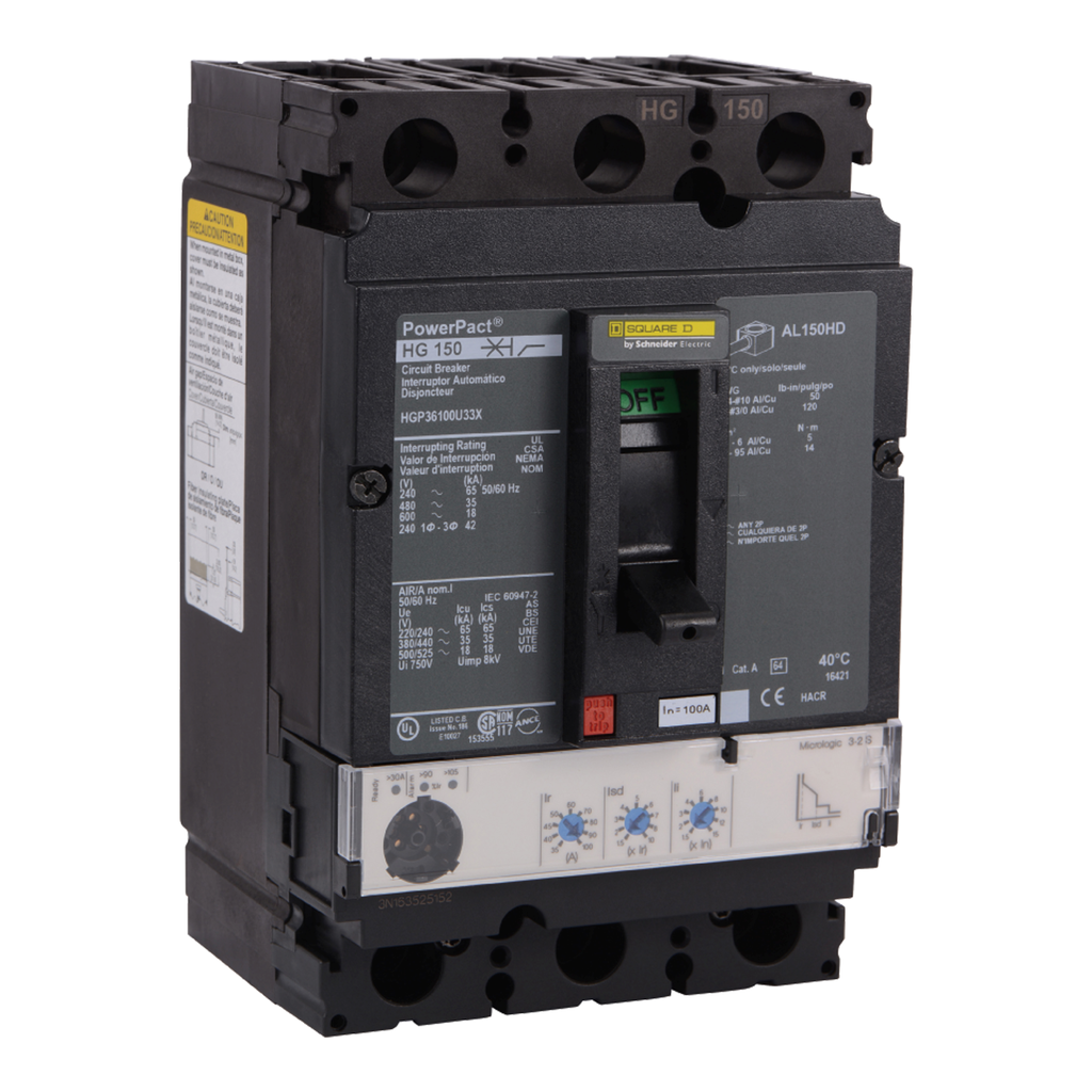 HGP36150U33X – Circuit breaker, PowerPacT H, 150A, 3 pole, 600VAC, 18kA, lugs, Micrologic 3.2S, 80%