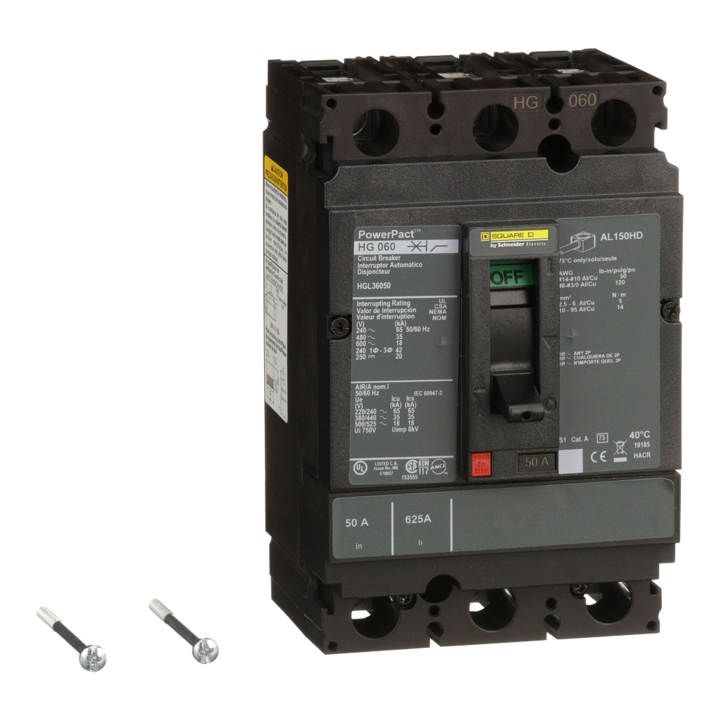 HGL36050 – Circuit breaker, PowerPacT H, 50A, 3 pole, 600VAC, 18kA, lugs, thermal magnetic, 80%