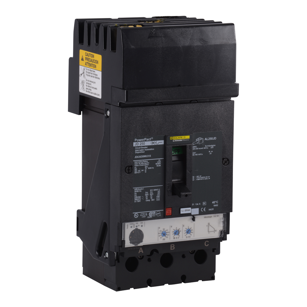 JJA34250WU31X – Circuit breaker, PowerPacT J, 250A, 3 pole, 480VAC, 65kA, I-Line, Micrologic 3.2, 80%, ABC, mission critical