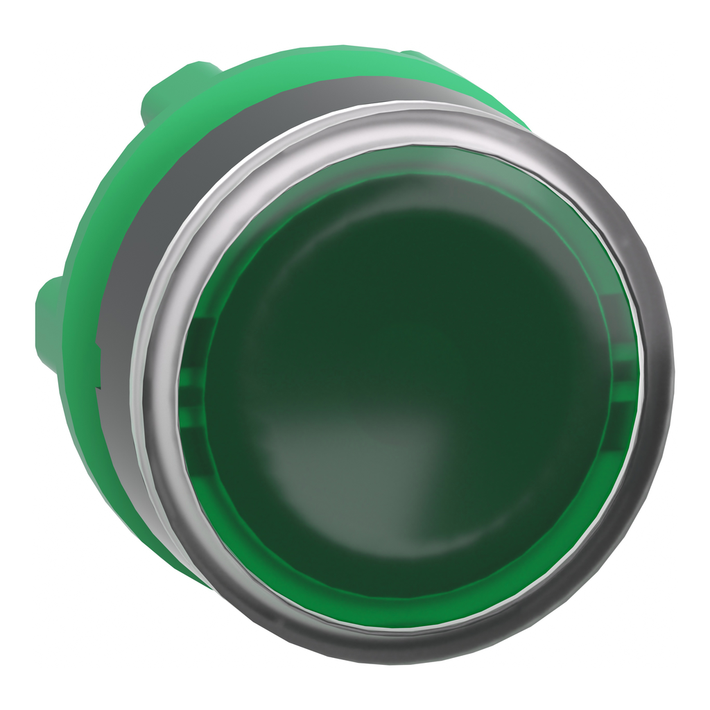 ZB5AW333 – Head for illuminated push button, Harmony XB5, plastic, green flush, 22mm, universal LED, spring return, plain lens