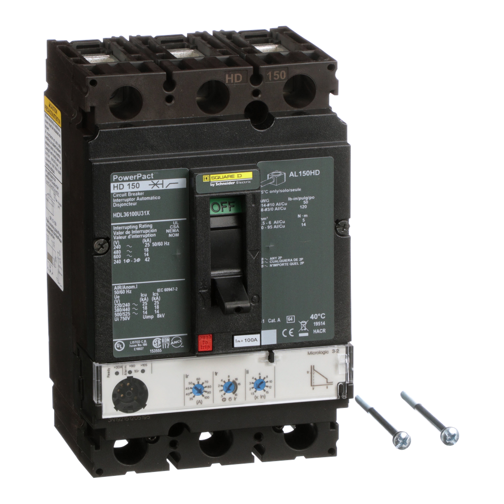 HDL36100U31X – Circuit breaker, PowerPacT H, 100A, 3 pole, 600VAC, 14kA, lugs, Micrologic 3.2, 80%