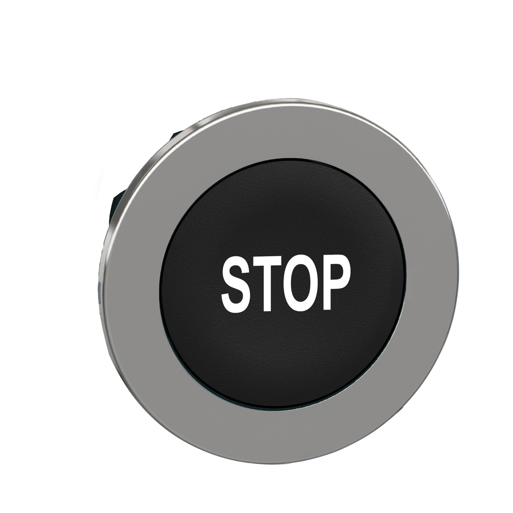 Mayer-DDS-Head for non illuminated push button, Harmony XB4, flush mounted black flush caps pushbutton white marked "STOP"-1