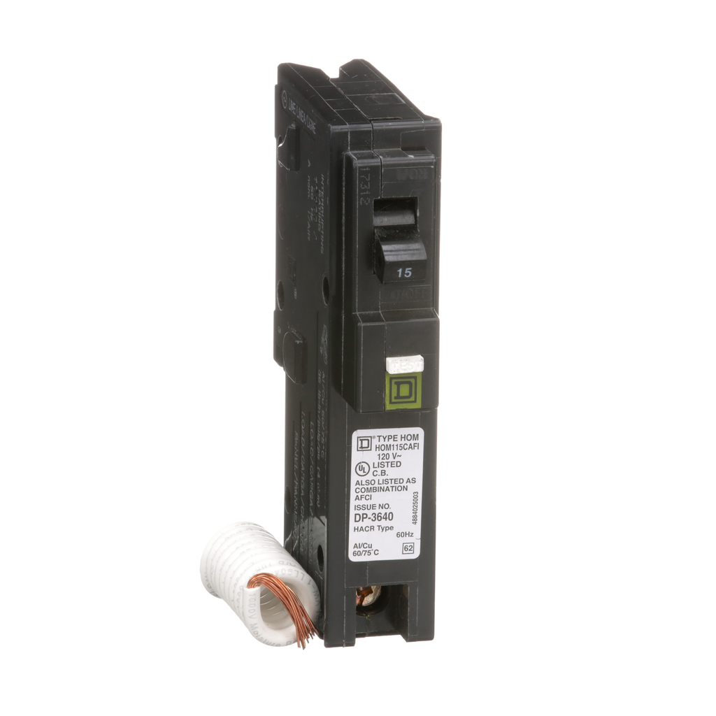 HOM115CAFI – Mini circuit breaker, Homeline, 15A, 1 pole, 120VAC, 10kA AIR, combo arc fault, pigtail neutral, plug in, UL