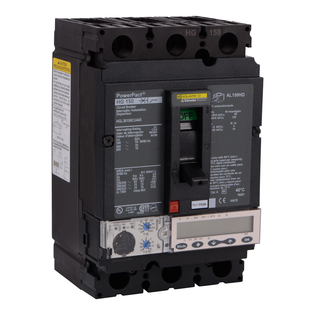 HGL36150CU44X – Circuit breaker, PowerPacT H, 150A, 3 pole, 600VAC, 18kA, lugs, Micrologic 6.2A, 100%