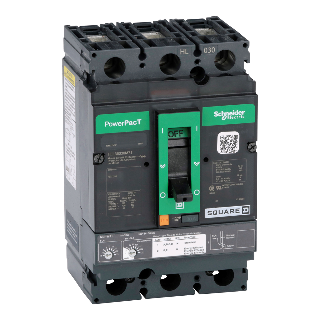 HLL36030M71 – Motor circuit protector, PowerPacT H, 30A, 3 pole, 600VAC, 50kA, lugs, thermal magnetic, 80%