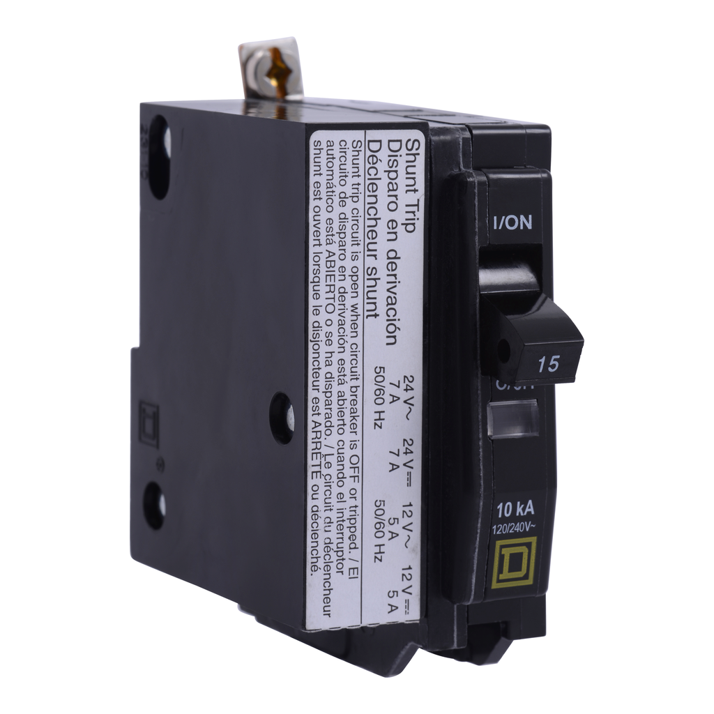 QOB1201044 – Mini circuit breaker, QO, 20A, 1 pole, 120/240VAC, 10kA, bolt on, AC/DC shunt
