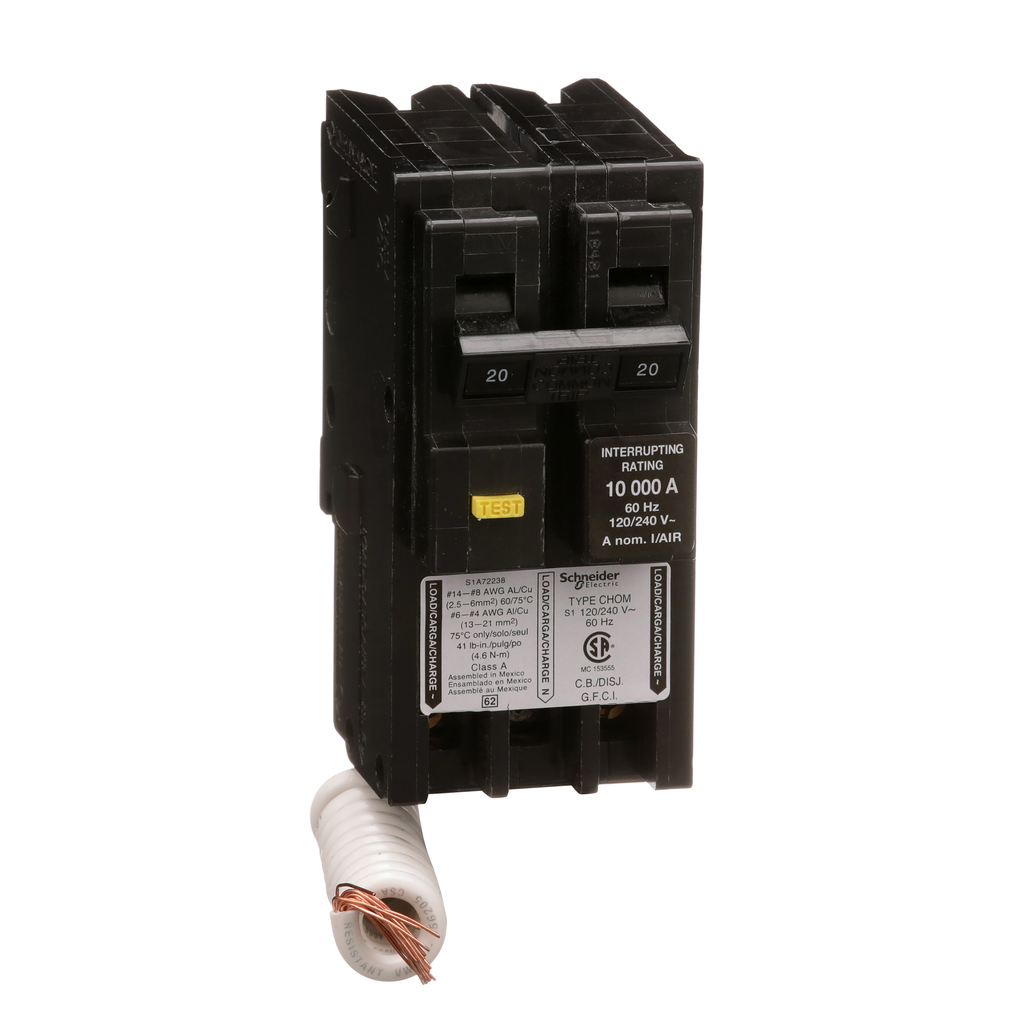 CHOM220GFI – Mini circuit breaker, Homeline, 20A, 2 pole, 120/240VAC, 10kA AIR, ground fault class A, plug in, UL