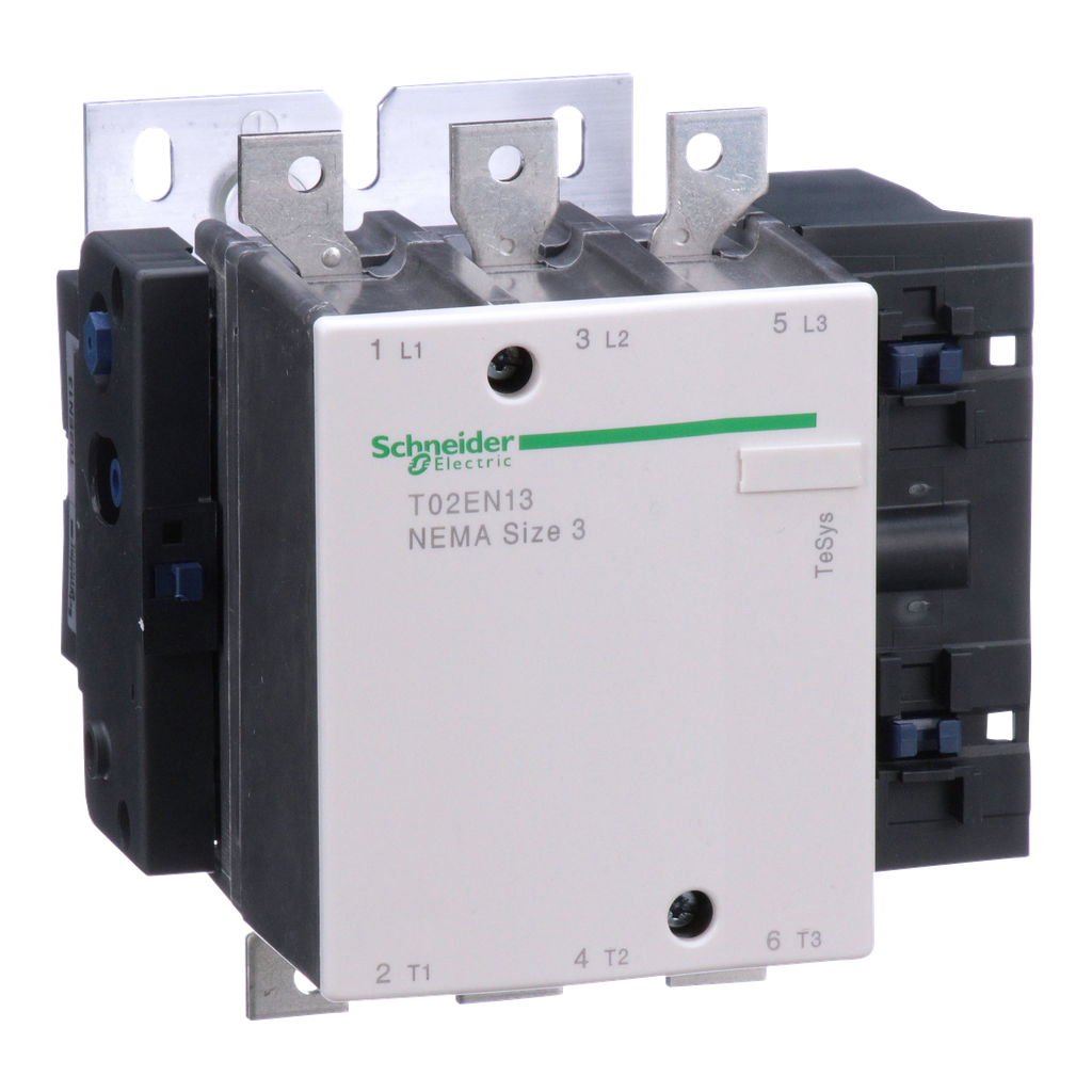 T02EN13G7 – NEMA Contactor, TeSys N, nonreversing, Size 3, 90A, 50HP at 460VAC, 3 pole, 3 phase, 120VAC 50/60Hz coil, open
