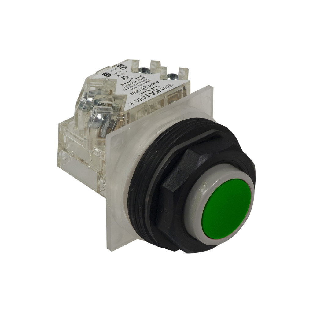 Mayer-DDS-Push-button, Harmony 9001SK, plastic, projecting, green, 30mm, spring return, 1 C/O-1