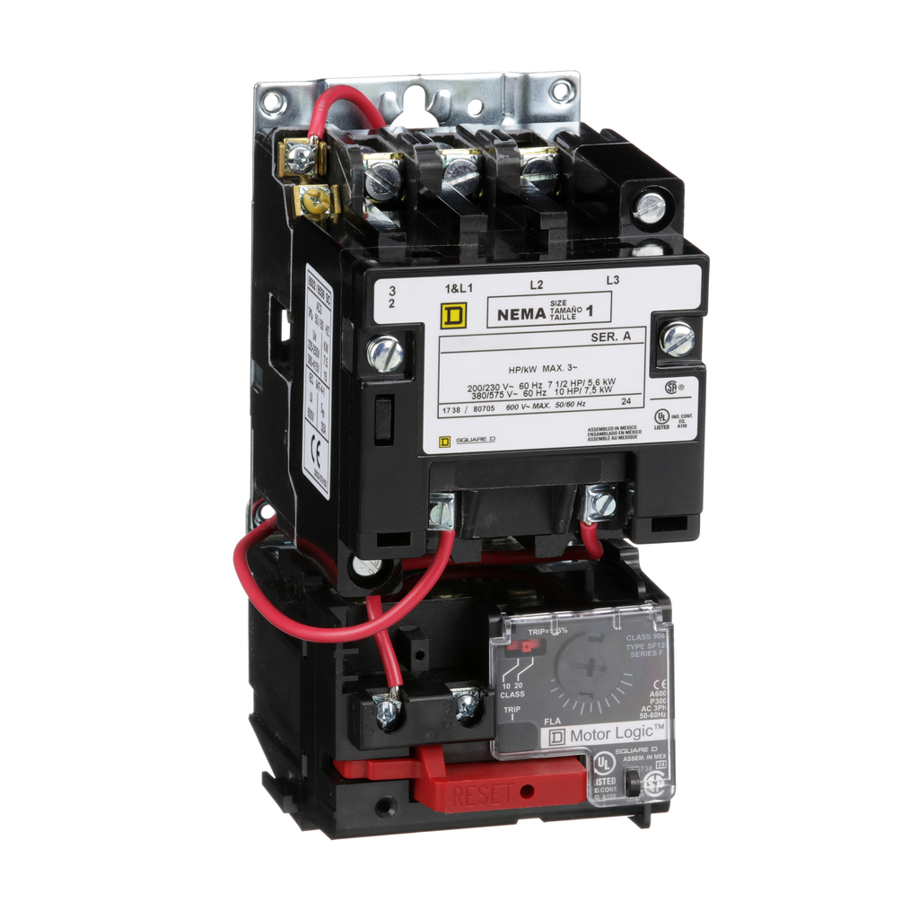 8536SCO3V02H308S – NEMA motor starter, Type S, nonreversing, Size 1, 27A, 10HP at 460VAC, up to 100kA SCCR, 3 phase, 3 pole, Motor Logic, 120VAC coil, open