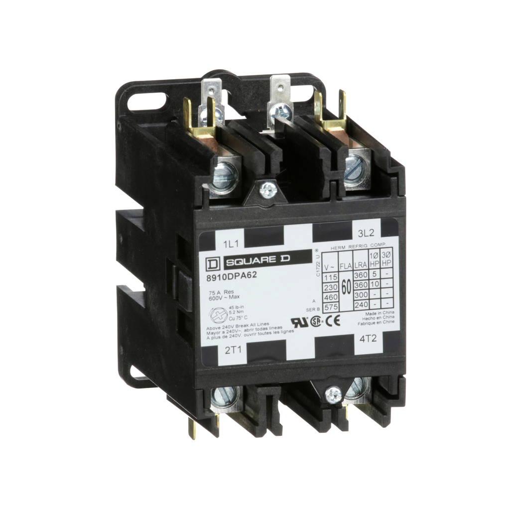 8910DPA62V14 – Contactor, Definite Purpose, 60A, 2 pole, 10HP at 230VAC, 1 phase, 24/24VAC 50/60Hz coil, open
