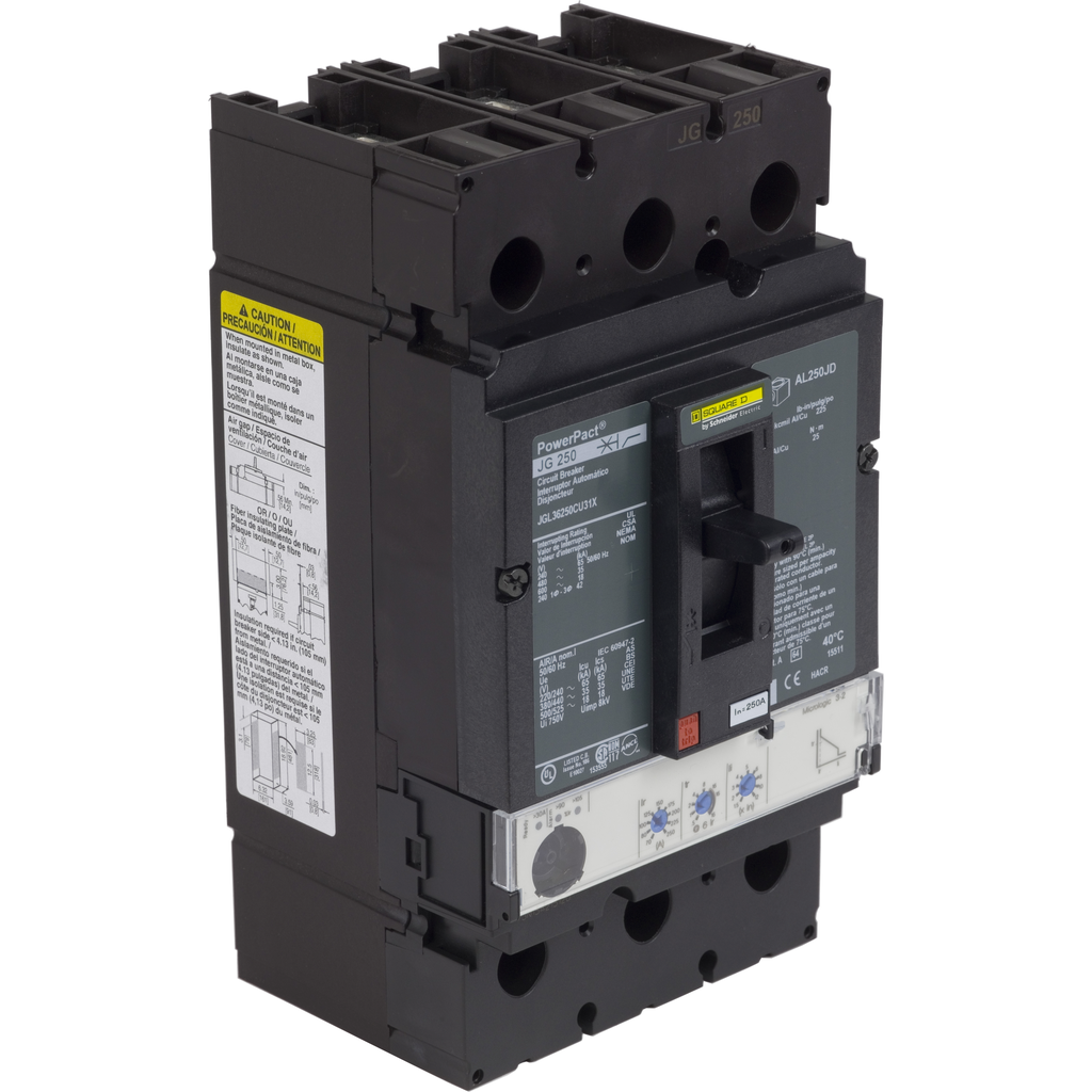 JGL36250CU31X – Circuit breaker, PowerPacT J, 250A, 3 pole, 600VAC, 18kA, lugs, Micrologic 3.2, 100%