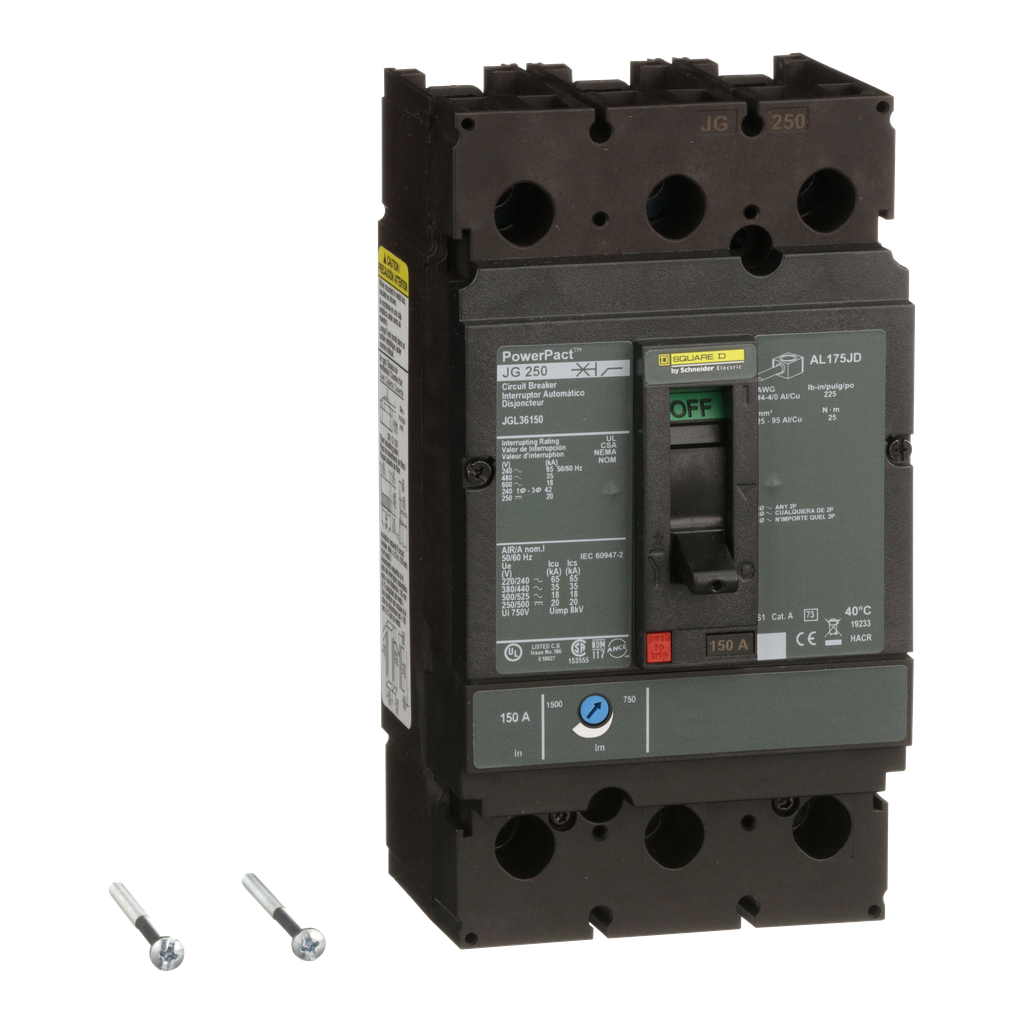 JGL36150 – Circuit breaker, PowerPacT J, 150A, 3 pole, 600VAC, 18kA, lugs, thermal magnetic, 80%