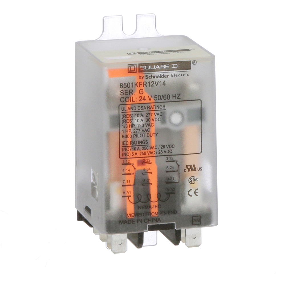 8501KFR12V14 – Plug in relay, Type KF, flange mounted, 1 HP at 277 VAC, 10A resistive at 277 VAC, DPDT, 2 NO, 2 NC, 24 VAC coil