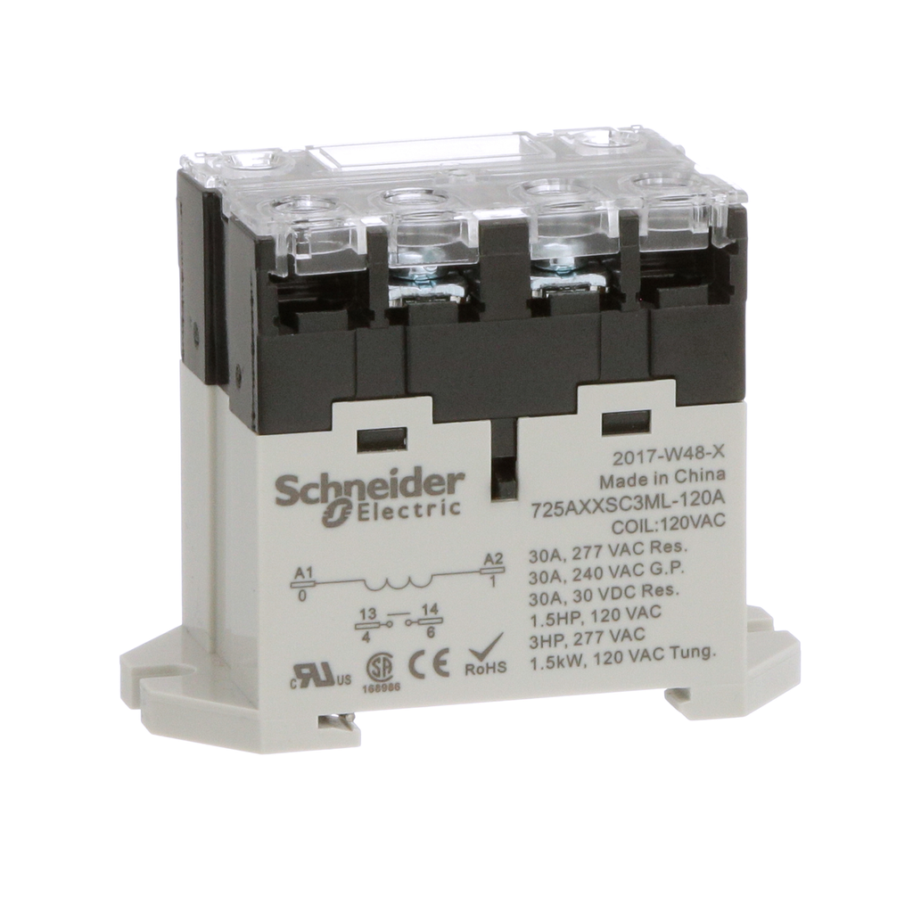 725AXXSC3ML-120A – Power relay, SE Relays, 30A, 1NO, 120VAC, LED push button, screw terminals, DIN or panel mount