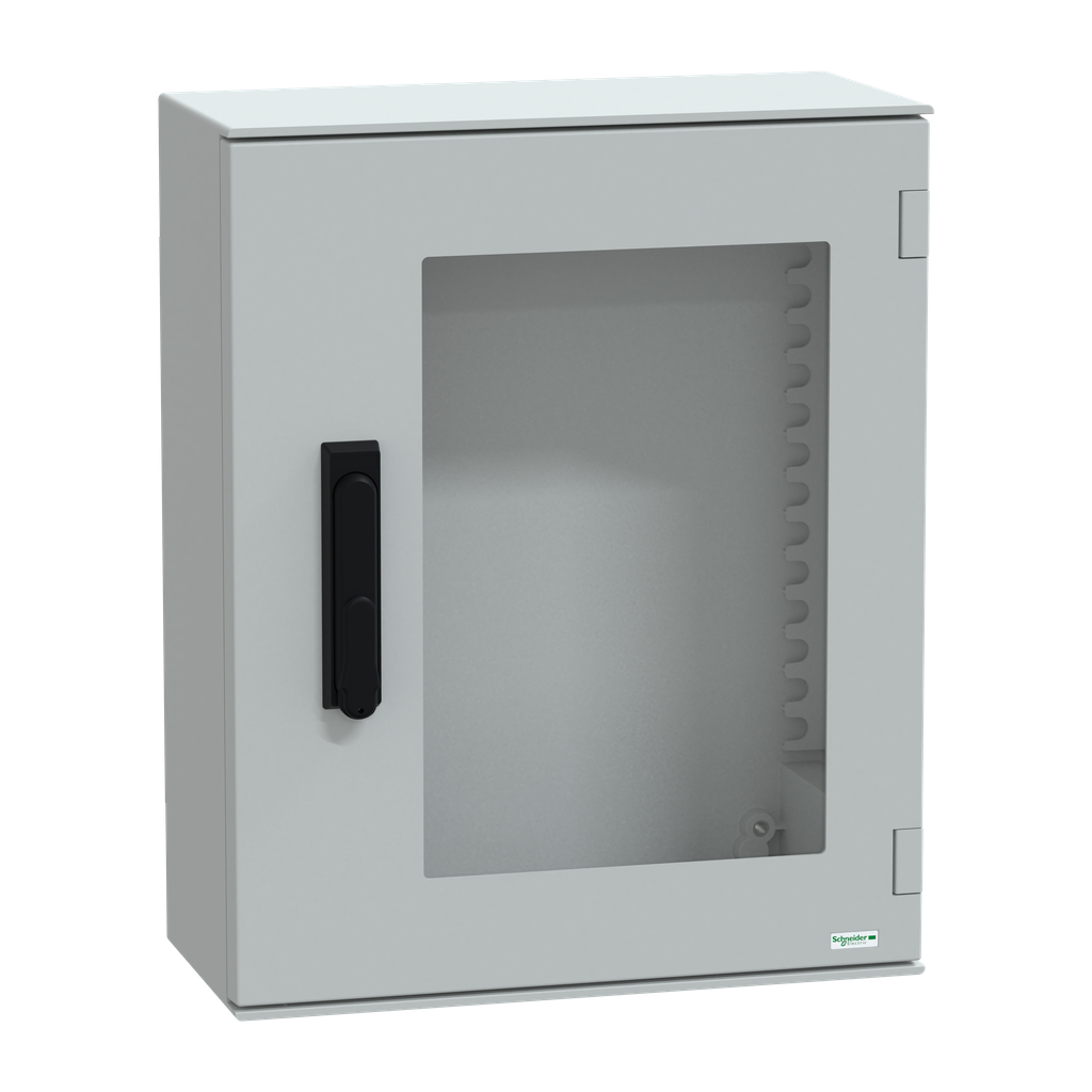 NSYPLM54TVG – Wall mounted polyester enclosure, Thalassa PLM, glazed door, with handle, 530x430x200mm, IP66, IK08, RAL 7035