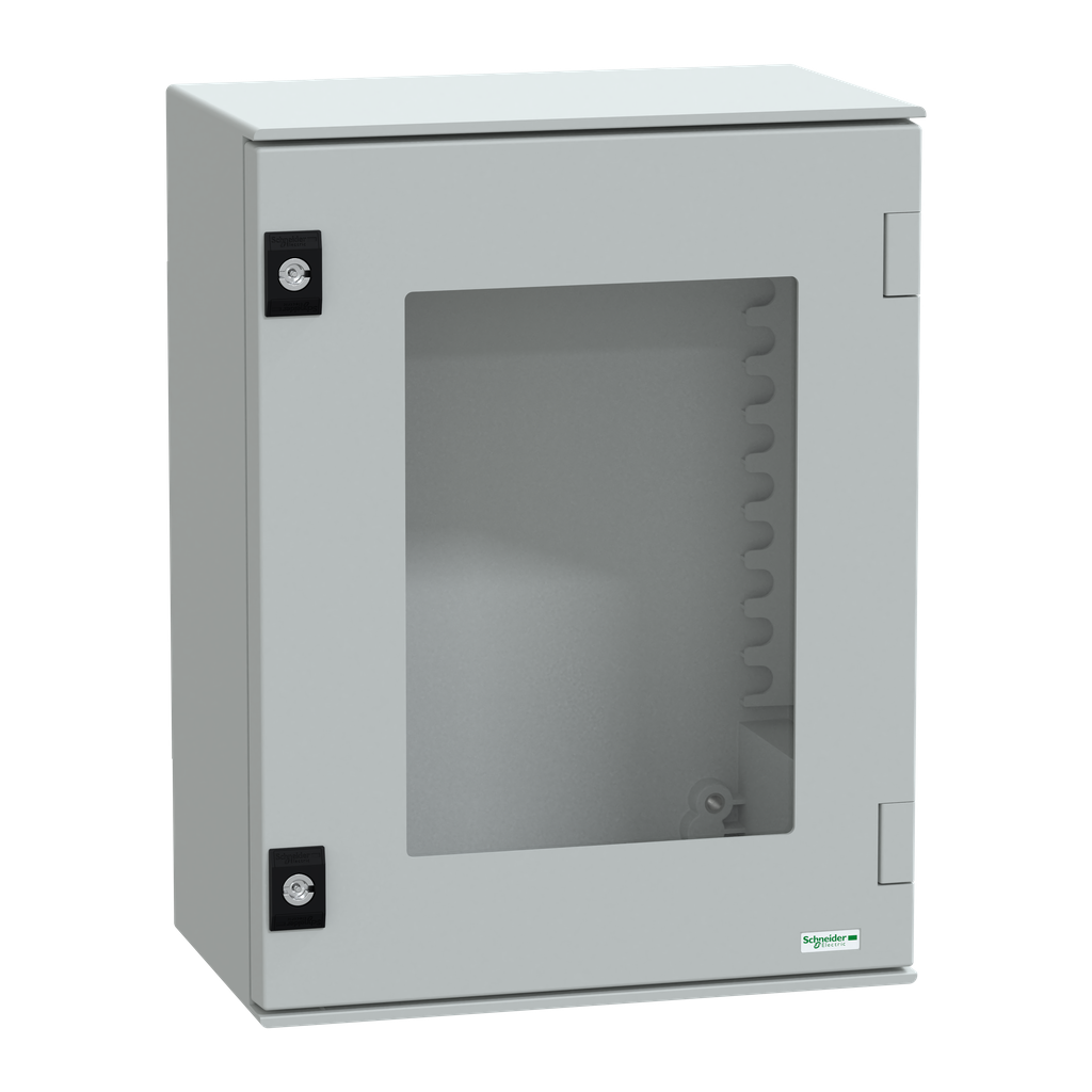 NSYPLM43TG – Wall mounted polyester enclosure, Thalassa PLM, glazed door, 430x330x200mm, IP66, IK08, RAL 7035