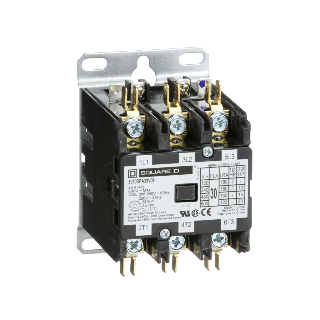 8910DPA33V09 – Contactor, Definite Purpose, 30A, 3 pole, 20HP at 575VAC, 3 phase, 208/240VAC 60Hz 220VAC 50Hz coil, open