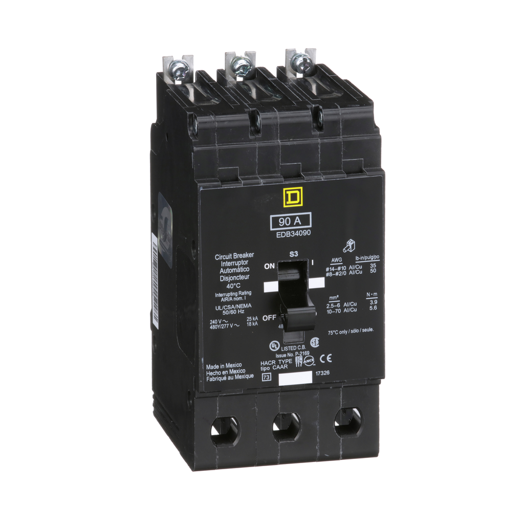 EDB34090 – Mini circuit breaker, E-Frame, 90A, 3 pole, 480Y/277VAC, 25kA max, bolt on