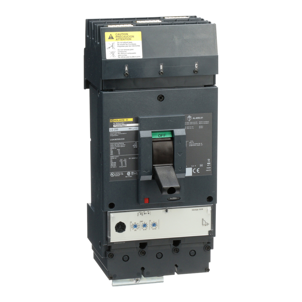 LGA36250CU33X – Circuit breaker, PowerPacT L, 250A, 3 pole, 600VAC, 18kA, I-Line, MicroLogic 3.3S, 100%, ABC