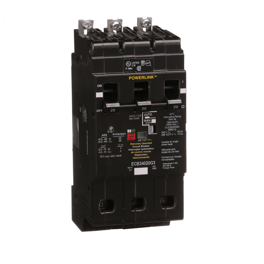 ECB34020G3 – Circuit Breaker, PowerLink™, 20A, 3 pole, 480Y/277VAC, 14kA, remotely operated, bolt on mount
