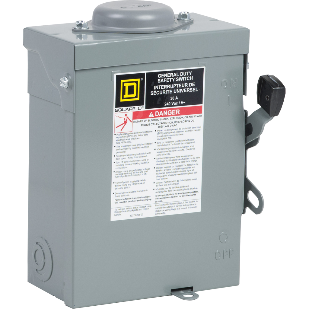 CD321NRB – Safety switch, general duty, fusible, 30A, 120/240 VAC, 3 poles, 7.5 hp, solid neutral, NEMA 3R with bolt on hub