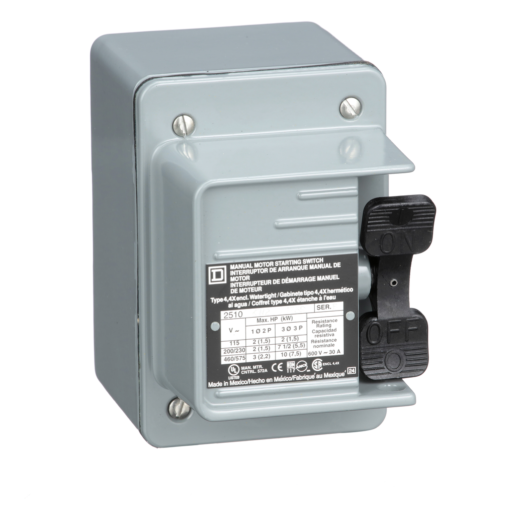 2510KW2 – Switch, manual, 30A, 3 pole, 10 HP at 575 VAC, three phase, toggle operated, no indicator, NEMA 4, one conduit opening