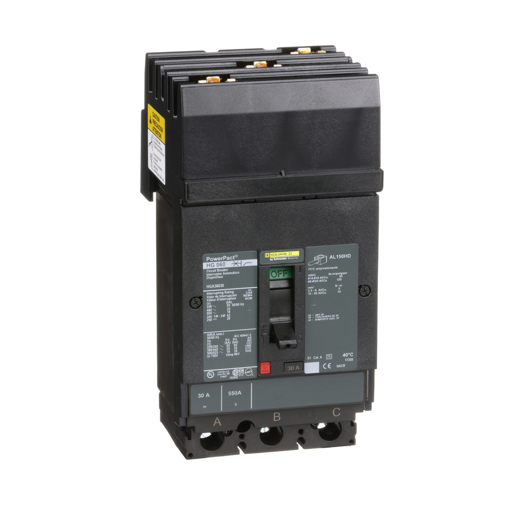 HGA36030 – Circuit breaker, PowerPacT H, 30A, 3 pole, 600VAC, 18kA, I-Line, thermal magnetic, 80%, ABC